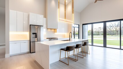 Spacious modern kitchen with bare countertops, ready for installation of new appliances, sleek cabinetry and ambient lighting, creating a high-end renovation scene