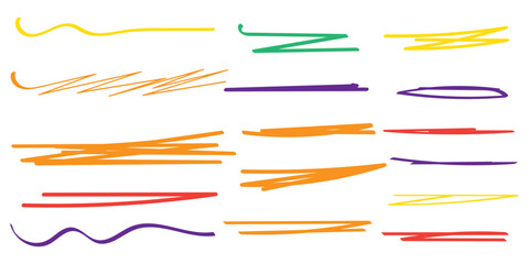 Hand drawn colorful underlines on white. Freehand colored art. Sketchy elements for posters and flyers