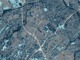 Painterly Style City Map of Sakado, Japan in a Blue Color Scheme.