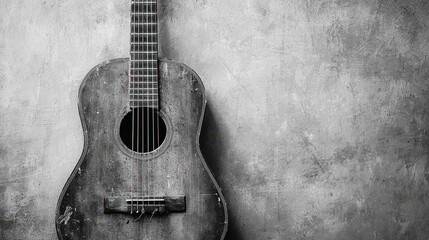 Obraz premium old guitar with broken strings, leaning against textured wall, evokes sense of nostalgia and forgotten melodies