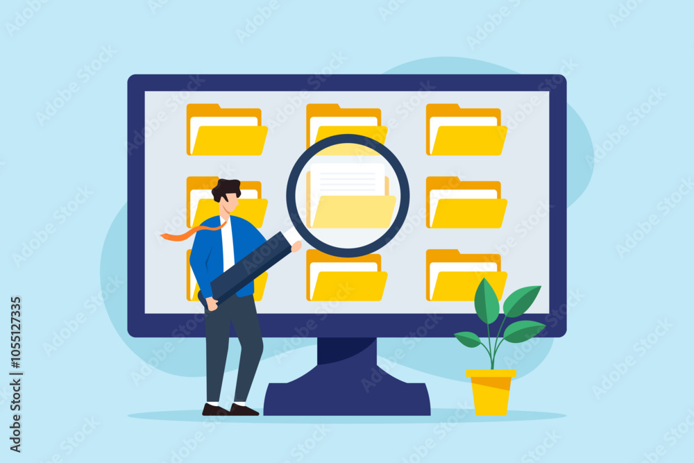 Fototapete Flat illustration of businessman use magnifying glass to search file on computer screen document archive management