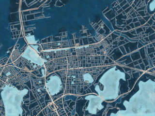 Painterly Style City Map of Sakaidecho, Japan in a Blue Color Scheme.