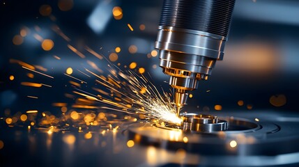 Close-up of a CNC milling machine cutting precise plastic components with a solid ball-end mill, detailed machining operation, sparks flying, high-tech industrial setup