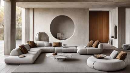 A modern living room with a large sectional sofa, a circular coffee table, and a wall with a circular cutout.