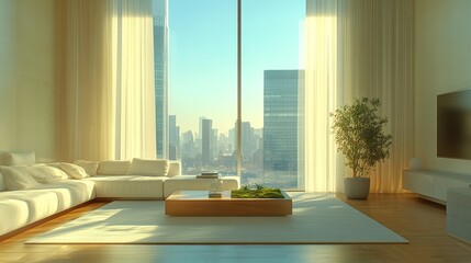 Fototapeta premium A modern living room with a large window overlooking a cityscape. The room is furnished with a white sectional sofa, a coffee table, and a potted plant.