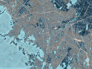 Painterly Style City Map of Sapporo, Japan in a Blue Color Scheme.