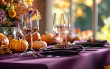 Elegant autumn table setting with purple tablecloth and pumpkins