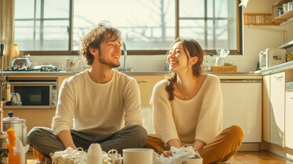 Happy couple unpacking boxes and smiling in new home kitchen