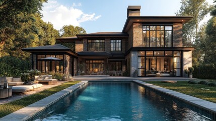 Modern home with pool surrounded by greenery in a tranquil setting.