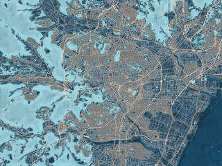 Painterly Style City Map of Sendai, Japan in a Blue Color Scheme.