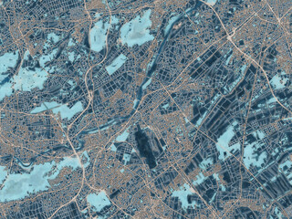 Painterly Style City Map of Sayama, Japan in a Blue Color Scheme.