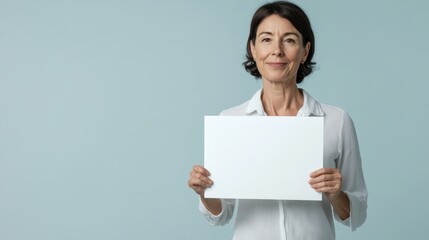 A middle-aged woman in a white shirt holds a blank certificate mockup, ready for personalization