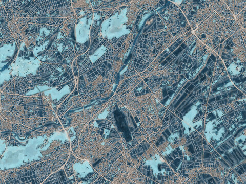 Painterly Style City Map of Sayama, Japan in a Blue Color Scheme.