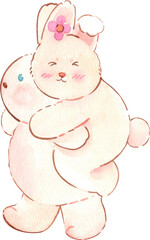 Happy white rabbit riding on a friend, Hand Drawn Illustration Watercolor painting 