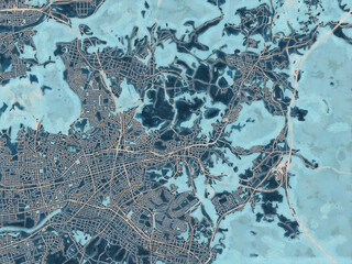 Painterly Style City Map of Seto, Japan in a Blue Color Scheme.