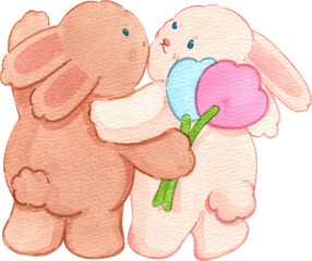 White and brown rabbits hugging, Hand Drawn Illustration Watercolor painting 