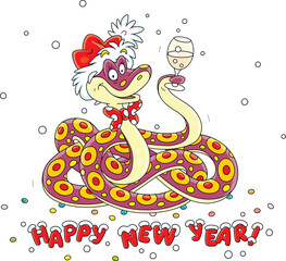 Happy New Year greeting card with a funny spotted snake wearing a Santa hat, a holiday bow and rising a wine glass, vector cartoon illustration isolated on a white background