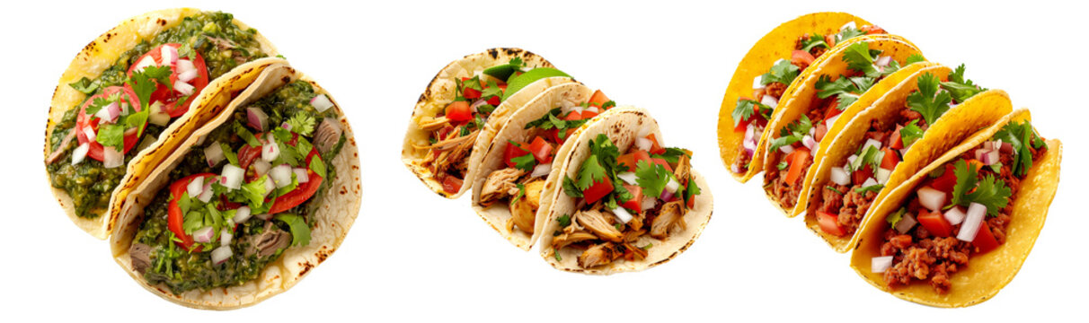 Various types of tacos filled with fresh ingredients like meat, onions, and cilantro isolated on white transparent background.