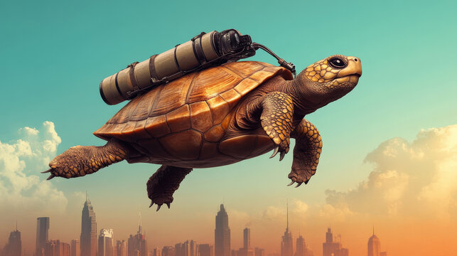 Turtle flying over a cartoon city skyline, defying gravity in a humorous way