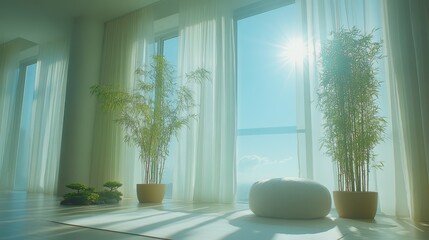 Fototapeta premium A modern living room with large windows, white curtains, potted bamboo plants, and a white beanbag chair.