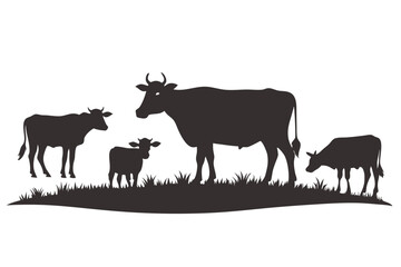 Cows Silhouettes In Different Poses Cow Grazing On Meadow
