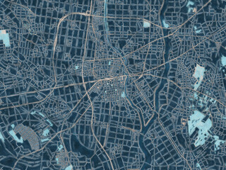 Painterly Style City Map of Shimodate, Japan in a Blue Color Scheme.