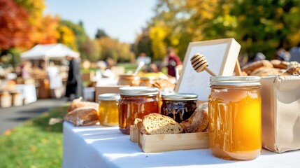A bustling autumn farmers market with vendors showcasing organic products, including jars of honey, artisanal bread, and handmade crafts, all framed by vibrant fall foliage. The use of deep depth of