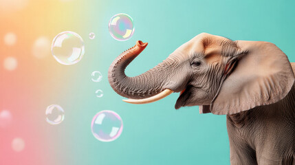 A large, grey elephant with long tusks and big ears blows bubbles in the air