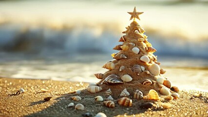 Christmas tree made of sand decorated with shells. Christmas on beach