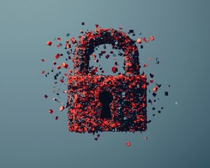 A digital illustration of a fragmented padlock, symbolizing security and the concept of data...