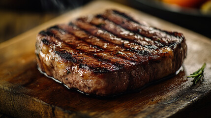 Close-up of a perfectly grilled ribeye steak on a wooden table, with copy space for photography and food advertising