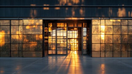 Golden Hour Entrance:  A captivating image of a contemporary building's entrance bathed in the warm glow of a golden hour sunset.  The glass panes cast shimmering reflections.