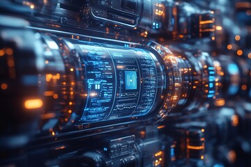 Obraz premium Futuristic server rack with glowing digital displays.