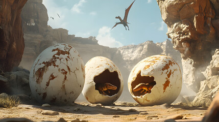 Three dinosaur hatchlings emerge from their eggs in a desert canyon with a pterodactyl flying overhead.