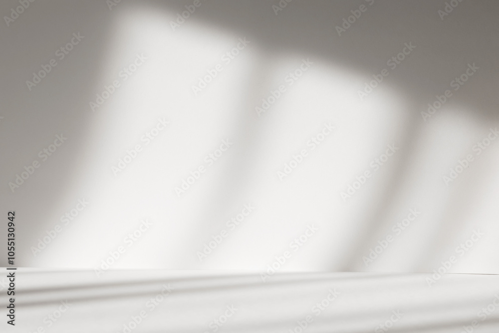 Poster Abstract white studio background with shadows of window. Empty 3d gray room with copy space. Display product with blurred backdrop.