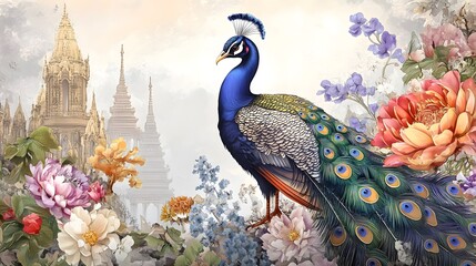 Fototapeta premium Majestic peacock amidst floral splendor and ancient architecture