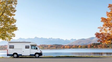 A camper van parked beside a serene lake, with mountains and colorful trees reflecting on the waters surface. The scene conveys a sense of freedom and exploration typical of autumn road trips,
