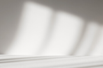 Abstract white studio background with shadows of window. Empty 3d gray room with copy space. Display product with blurred backdrop.