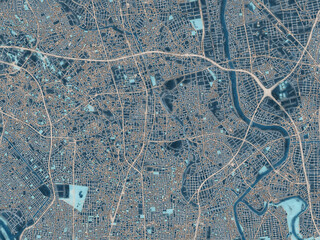 Painterly Style City Map of Soka, Japan in a Blue Color Scheme.