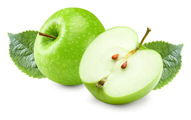 green apples with green leaves isolated on white background. clipping path