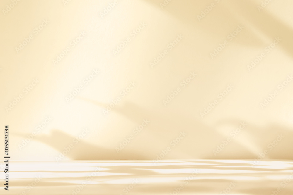 Poster Abstract beige color gradient studio background for product presentation. Empty room with shadows of window and flowers and plant leaves . 3d ivory room with copy space. Blurred backdrop.