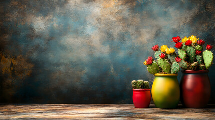 Three potted cacti with blooming yellow and red flowers in front of a rustic blue background.