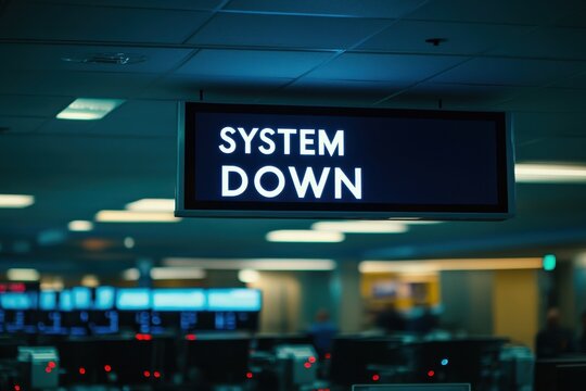 A stark warning message, "SYSTEM DOWN," displayed in white text on a blue error screen.