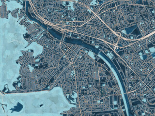 Painterly Style City Map of Takarazuka, Japan in a Blue Color Scheme.