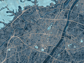 Painterly Style City Map of Takaoka, Japan in a Blue Color Scheme.