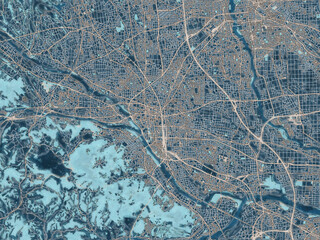 Painterly Style City Map of Takasaki, Japan in a Blue Color Scheme.