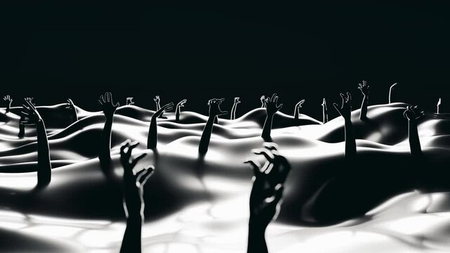 Dramatic black and white animation featuring multiple silhouetted hands reaching upward.