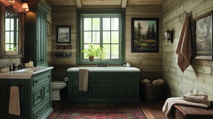 A rustic bathroom with wood paneling, a clawfoot tub, and a green vanity.