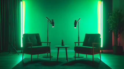 Two chairs and a table with green neon lights in a studio.