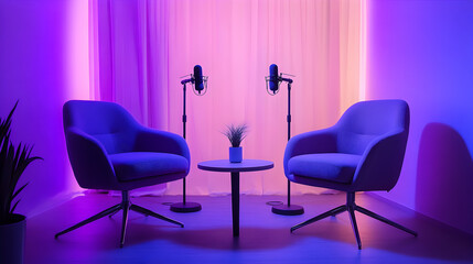 Two chairs and a table with microphones in a purple room.